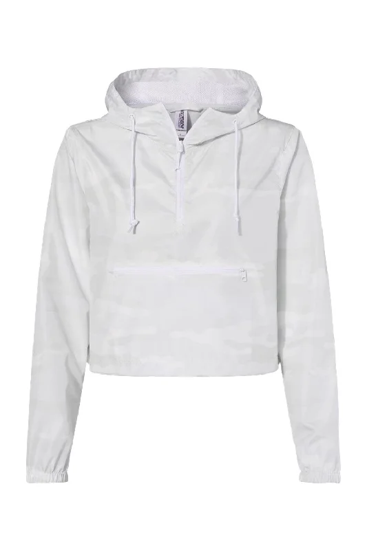 Independent Trading Co. Womens Water Resistant 1/4 Zip Crop Hooded Windbreaker Jacket - White Camo - NEW