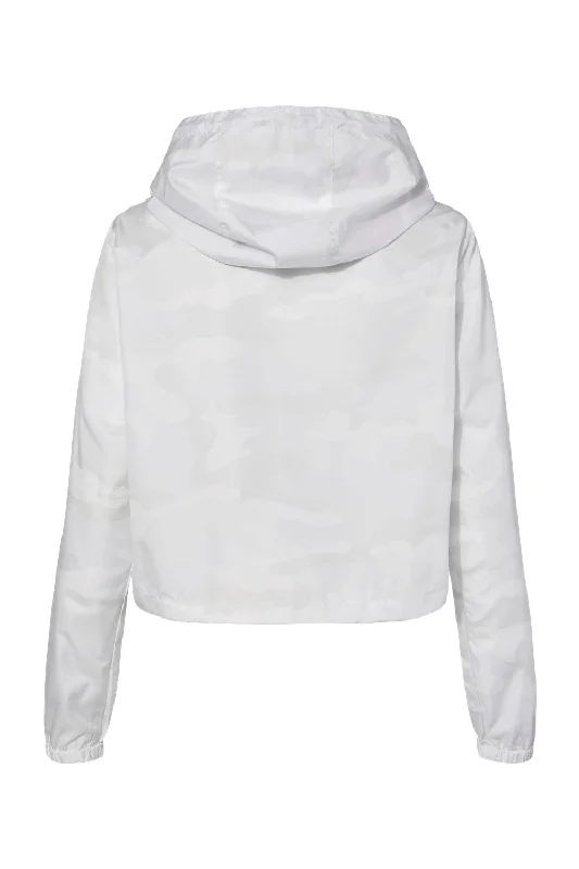 Independent Trading Co. Womens Water Resistant 1/4 Zip Crop Hooded Windbreaker Jacket - White Camo - NEW