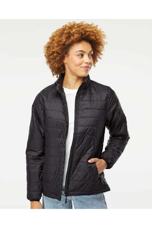 Independent Trading Co. Womens Wind & Water Resistant Full Zip Puffer Jacket - Black - NEW