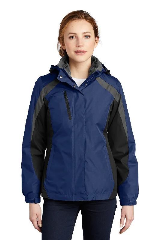 Port Authority Womens 3-in-1 Wind & Water Resistant Full Zip Hooded Jacket - Admiral Blue/Black/Magnet Grey