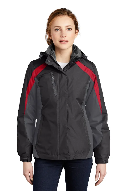 Port Authority Womens 3-in-1 Wind & Water Resistant Full Zip Hooded Jacket - Black/Magnet Grey/Signal Red