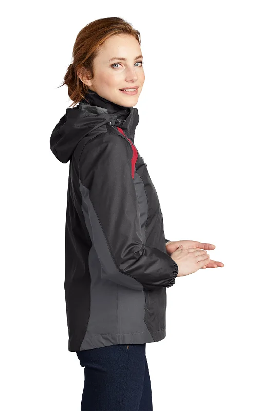 Port Authority Womens 3-in-1 Wind & Water Resistant Full Zip Hooded Jacket - Black/Magnet Grey/Signal Red