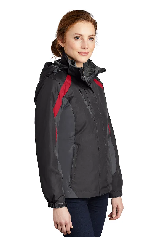 Port Authority Womens 3-in-1 Wind & Water Resistant Full Zip Hooded Jacket - Black/Magnet Grey/Signal Red