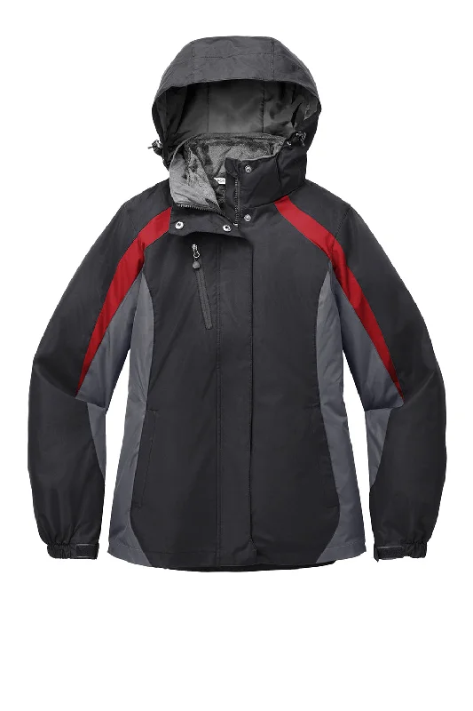 Port Authority Womens 3-in-1 Wind & Water Resistant Full Zip Hooded Jacket - Black/Magnet Grey/Signal Red