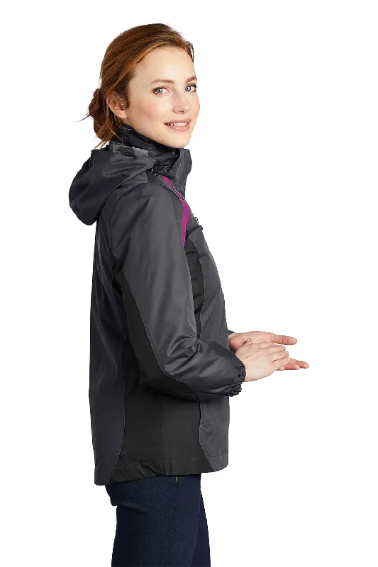 Port Authority Womens 3-in-1 Wind & Water Resistant Full Zip Hooded Jacket - Magnet Grey/Black/Very Berry Purple