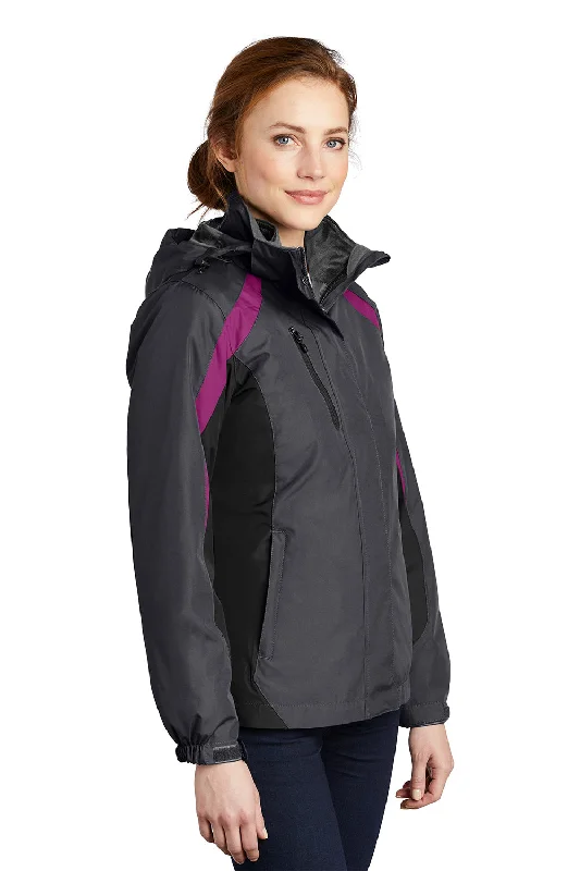 Port Authority Womens 3-in-1 Wind & Water Resistant Full Zip Hooded Jacket - Magnet Grey/Black/Very Berry Purple