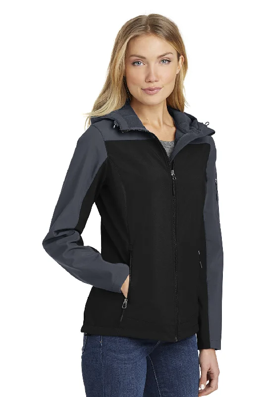 Port Authority Womens Core Wind & Water Resistant Full Zip Hooded Jacket - Black/Battleship Grey