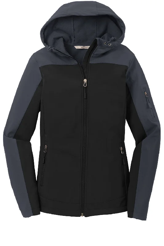 Port Authority Womens Core Wind & Water Resistant Full Zip Hooded Jacket - Black/Battleship Grey