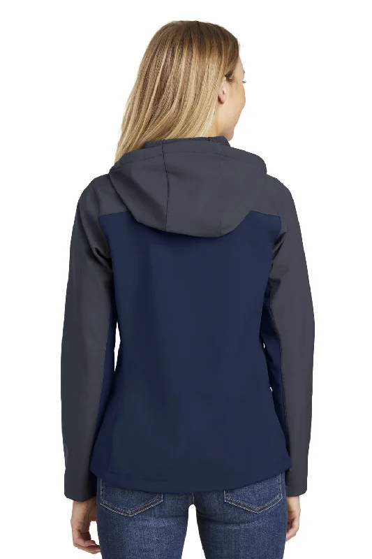 Port Authority Womens Core Wind & Water Resistant Full Zip Hooded Jacket - Dress Navy Blue/Battleship Grey