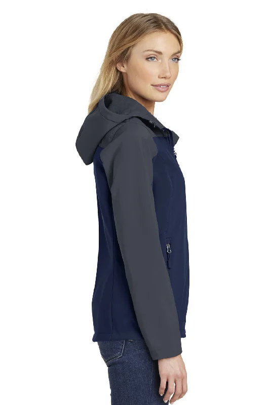 Port Authority Womens Core Wind & Water Resistant Full Zip Hooded Jacket - Dress Navy Blue/Battleship Grey