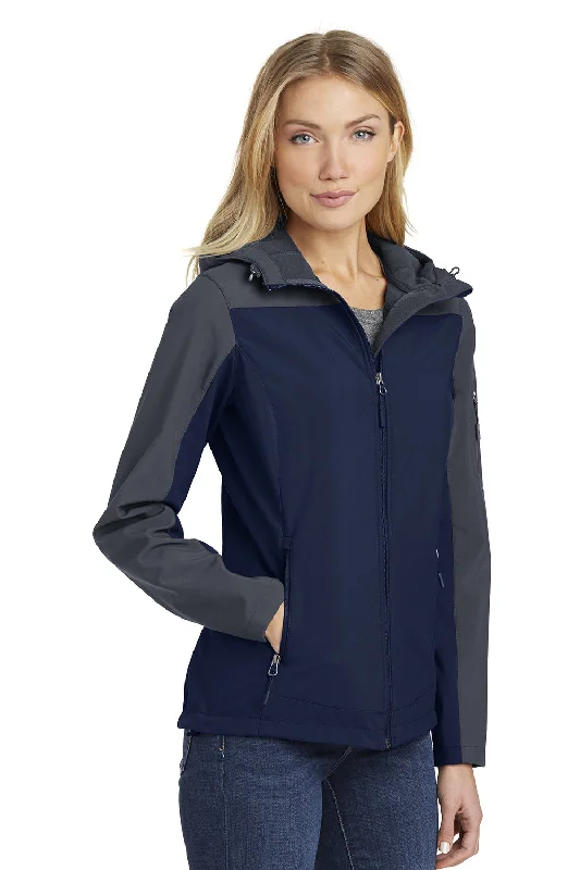 Port Authority Womens Core Wind & Water Resistant Full Zip Hooded Jacket - Dress Navy Blue/Battleship Grey