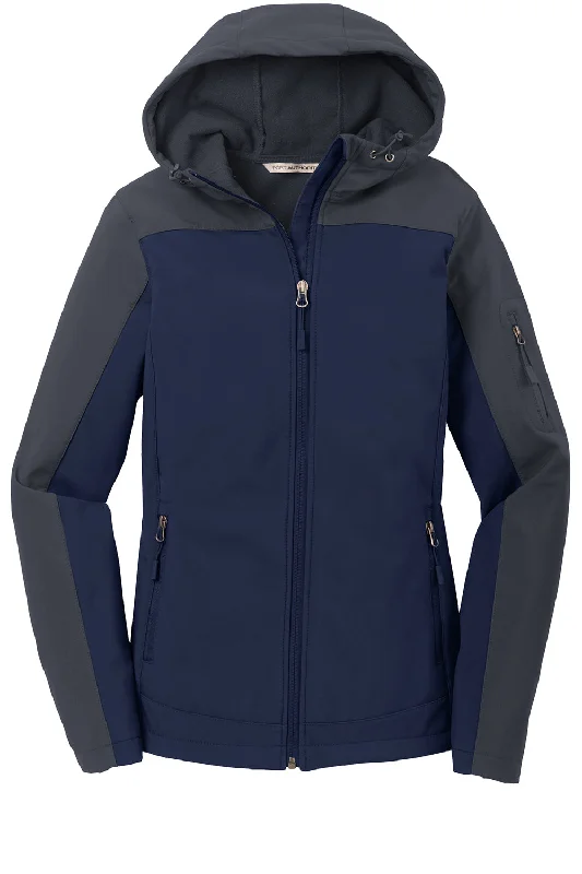 Port Authority Womens Core Wind & Water Resistant Full Zip Hooded Jacket - Dress Navy Blue/Battleship Grey