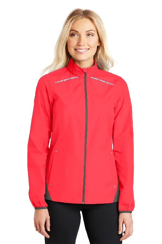 Port Authority Womens Zephyr Reflective Hit Wind & Water Resistant Full Zip Jacket - Hot Coral Pink/Steel Grey - Closeout