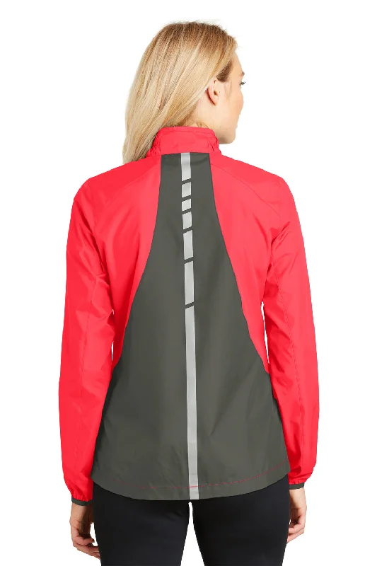 Port Authority Womens Zephyr Reflective Hit Wind & Water Resistant Full Zip Jacket - Hot Coral Pink/Steel Grey - Closeout