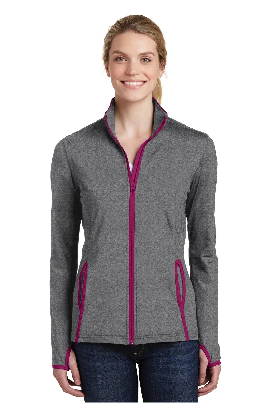 Sport-Tek Womens Sport-Wick Moisture Wicking Full Zip Jacket - Heather Charcoal Grey/Pink Rush