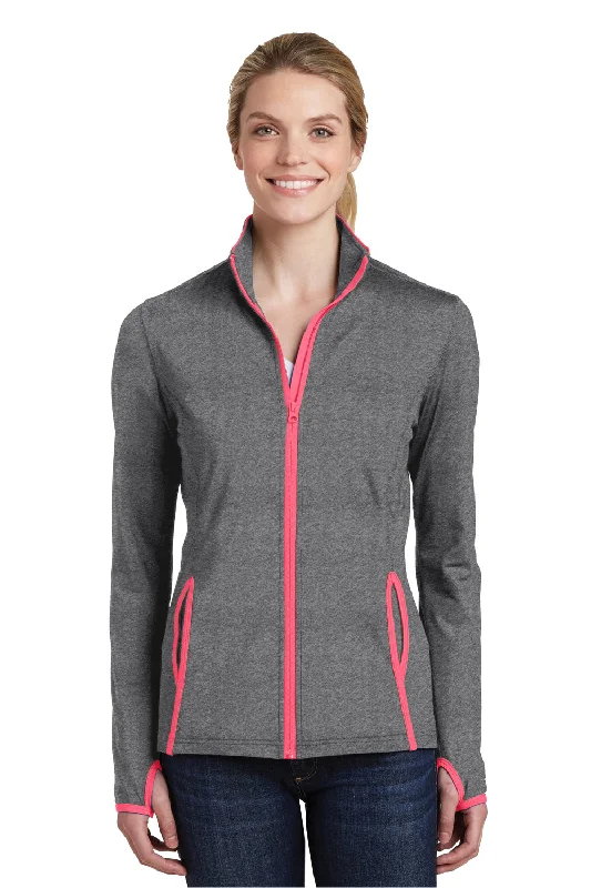 Sport-Tek Womens Sport-Wick Moisture Wicking Full Zip Jacket - Heather Charcoal Grey/Hot Coral Pink