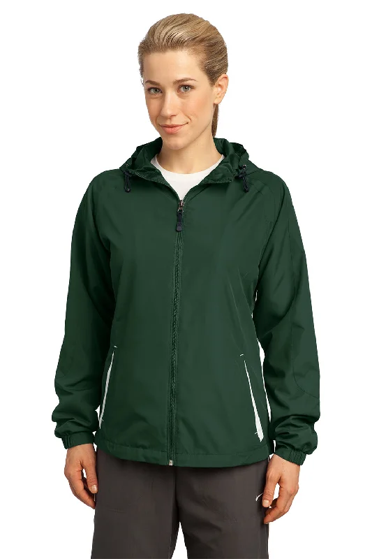 Sport-Tek Womens Water Resistant Full Zip Hooded Jacket - Forest Green/White