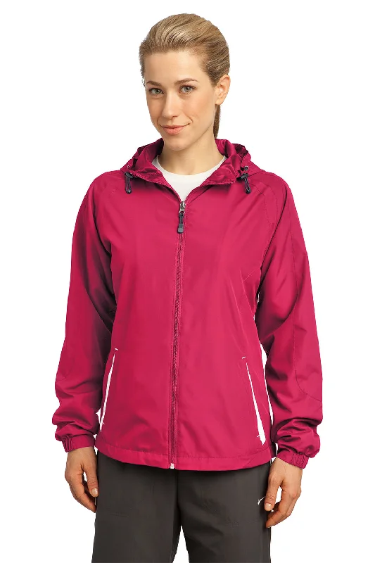 Sport-Tek Womens Water Resistant Full Zip Hooded Jacket - Raspberry Pink/White