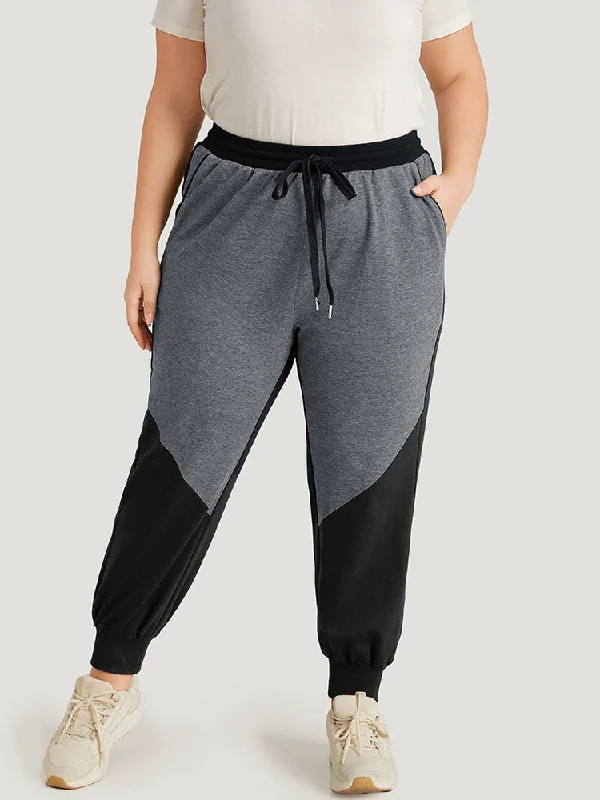 Contrast Patchwork Pocket Drawstring Elastic Waist Sweatpants