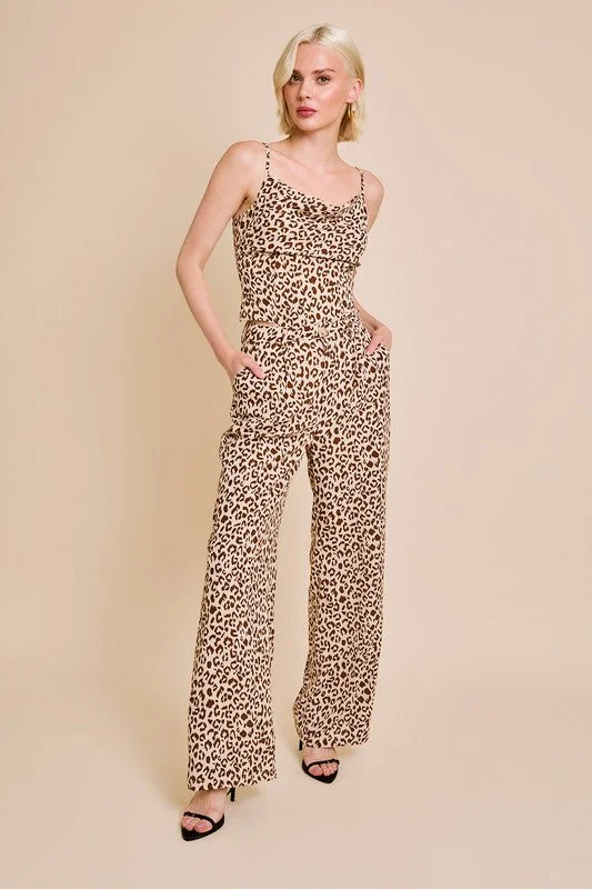 Waitlist 10/5 ♥ Leigh Sleeveless Cowl Neck Top And Leopard Print Pants Set Brown