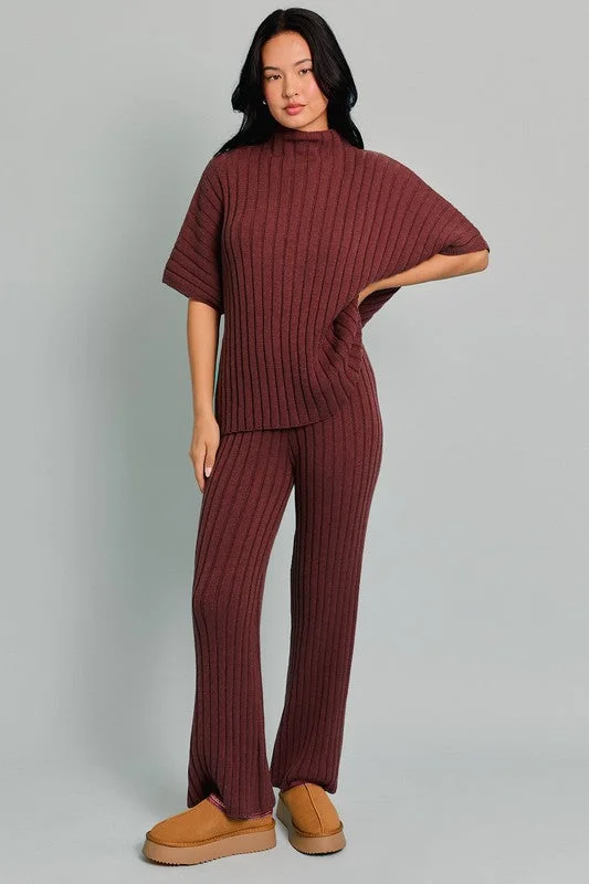 Waitlist 10/5 ♥ Mandi Short Sleeve Mock Neck Ribbed Sweater Top And Pants Set Brown