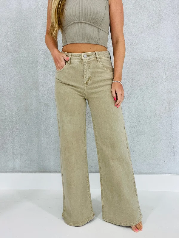 Play With Fire Wide Leg Jeans - Khaki