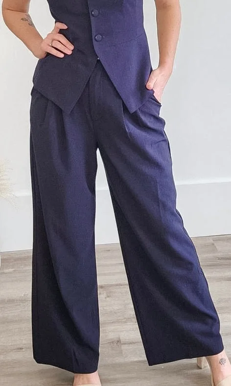 Pleated Wide Leg Pants - Navy