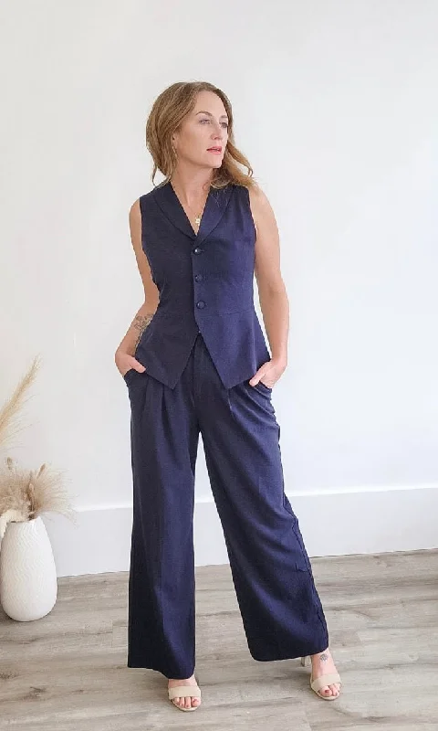 Pleated Wide Leg Pants - Navy