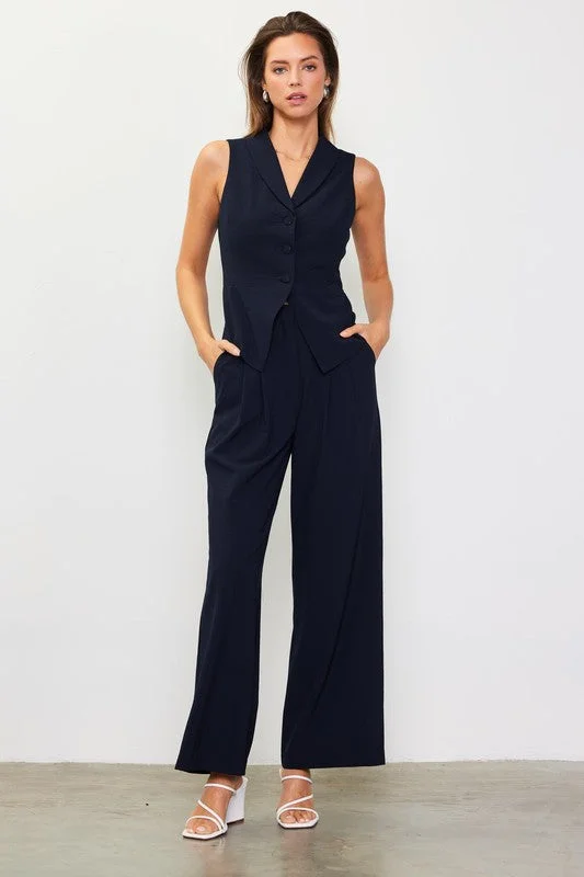 Pleated Wide Leg Pants - Navy