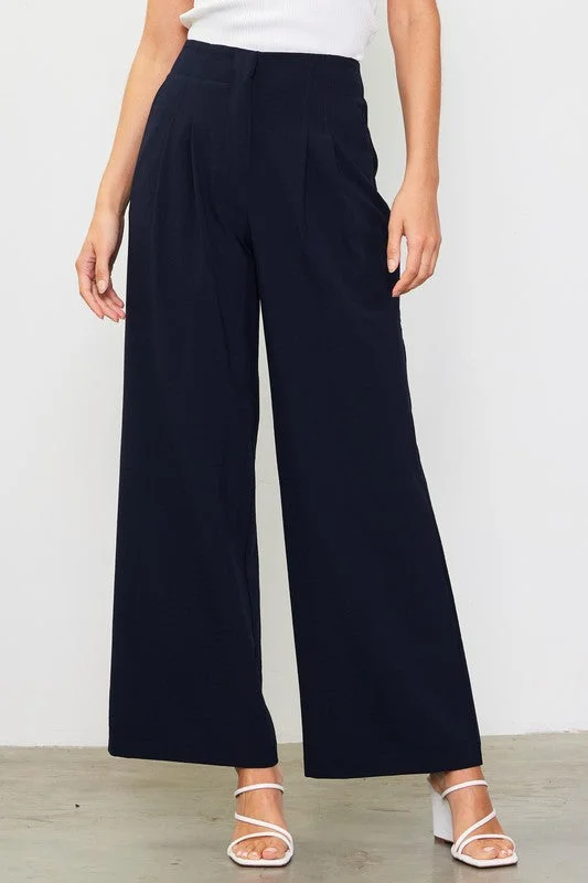 Pleated Wide Leg Pants - Navy