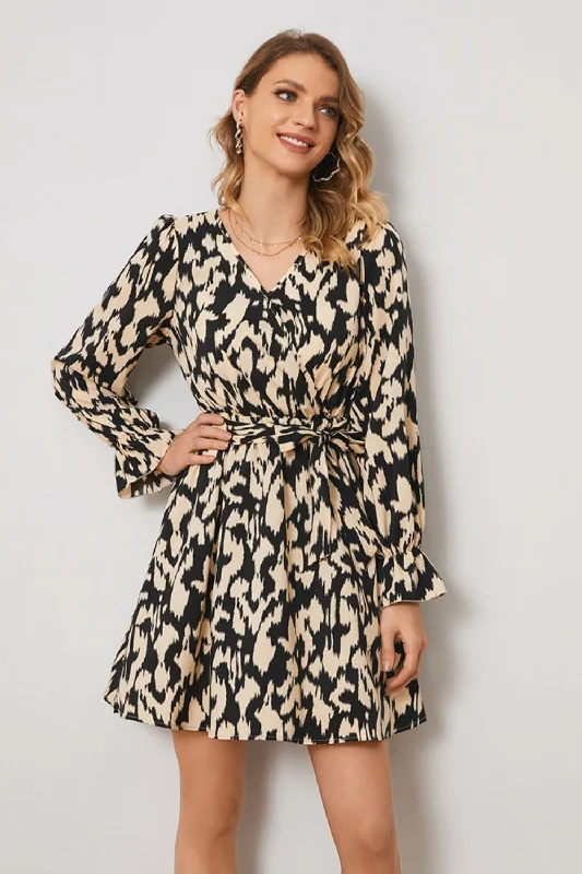 Animal Print Surplice Neck Long Flounce Sleeve Mini A-Line Dress Trendy Cut-Out Mini Dress
