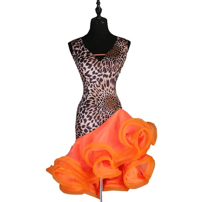 Asymmetric Mini Leopard Print Latin Dress Fashionable Mini Dress with Slits