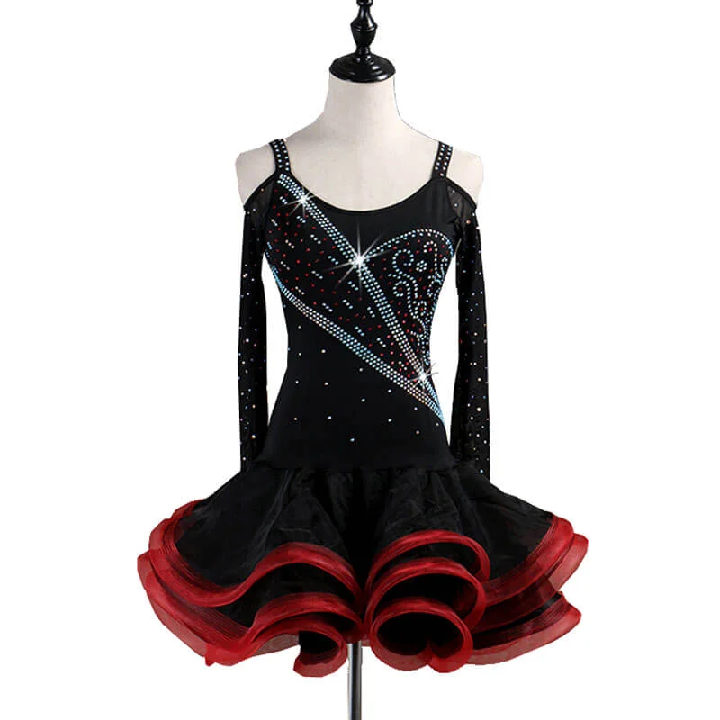 Asymmetric Mini Latin Dress with Rhinestones Elegant Mini Dress with Ruffles