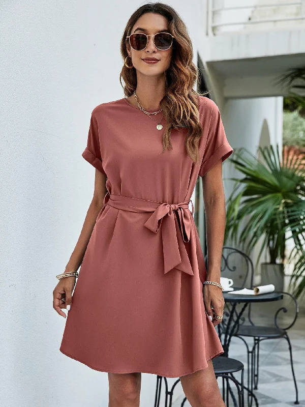 Belted Round Neck Curved Hem Mini A-Line Dress Stylish Spaghetti Strap Mini Dress