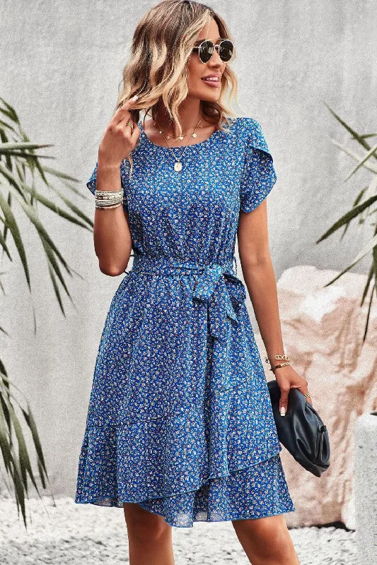 Belted Round Neck Petal Sleeve Mini A-Line Dress Cozy Knit Mini Dress