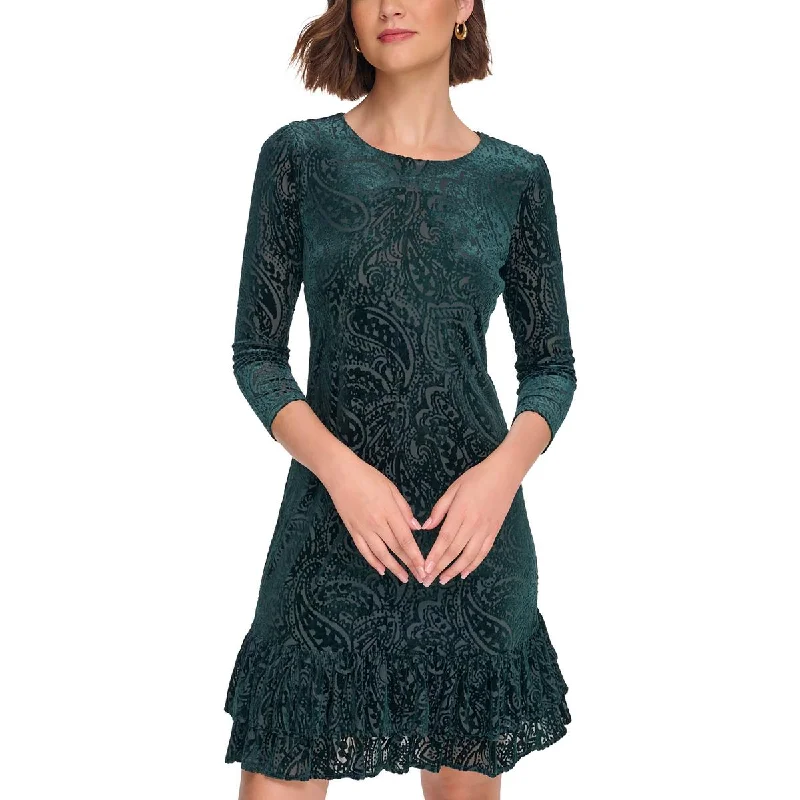 Petites Womens Velvet Mini Sheath Dress Fashionable Button-Front Mini Dress