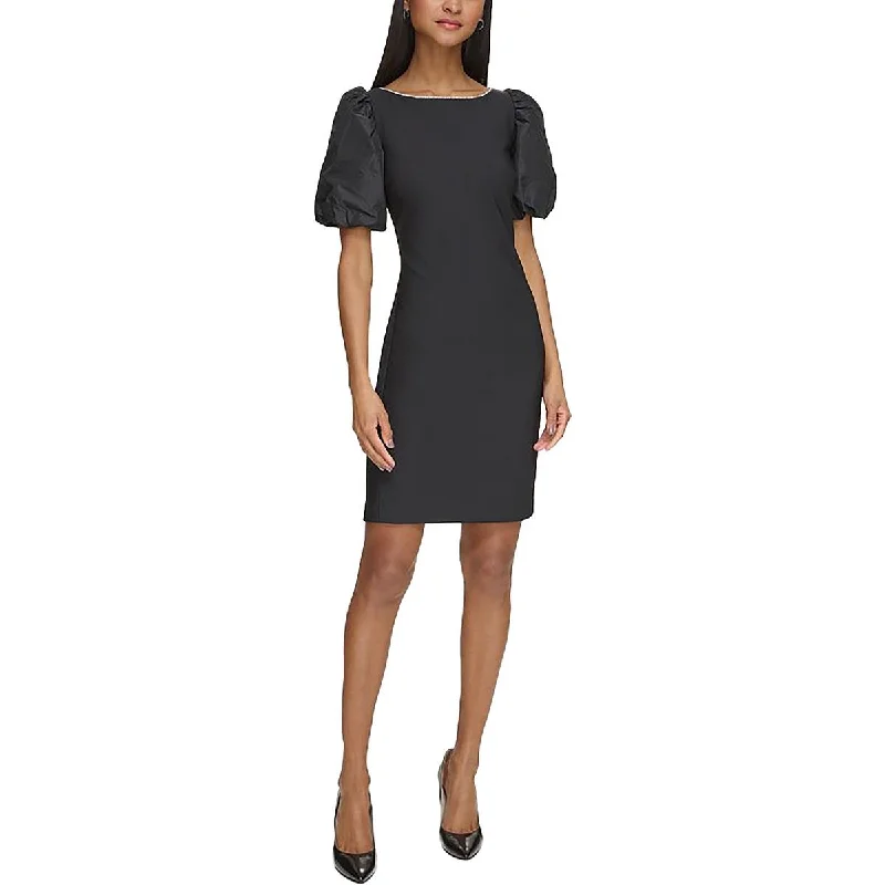 Womens Mixed Media Mini Sheath Dress Trendy Floral Mini Dress