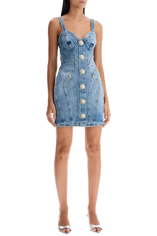 Balmain Mini Denim Dress With Decorative Buttons Chic Tropical Mini Dress
