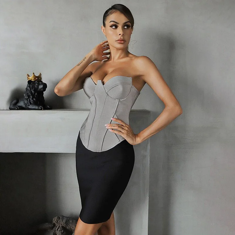 Color Block Strapless Mini Bandage Dress Stylish Puff Sleeve Mini Dress