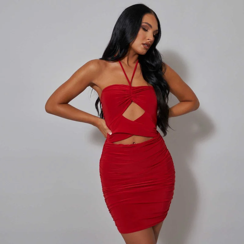 Cut Out Detail Halter Neck Minim Dress In Red Comfortable One-Shoulder Mini Dress