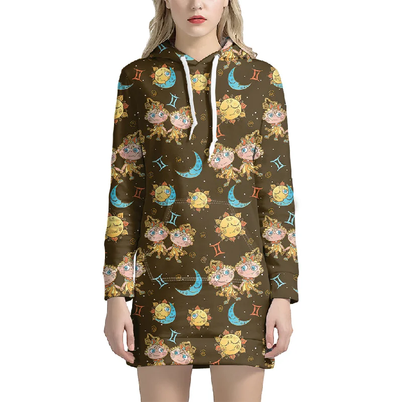Cute Cartoon Gemini Pattern Print Pullover Hoodie Dress Trendy Tie-Dye Mini Dress