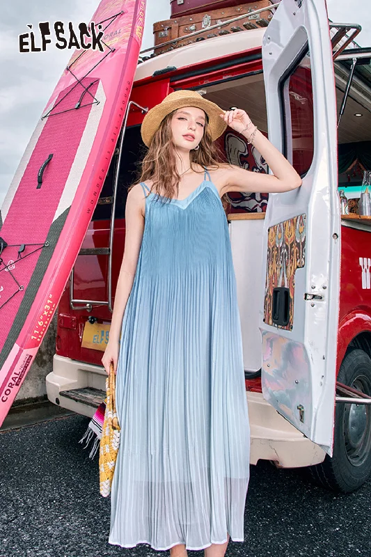 ELFSACK 2024 Summer New Arrivals Blue gradient lazy style camisole dress with feminine vacation style Elegant Off-Shoulder Dress Mini