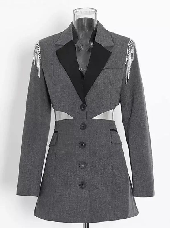 Fashionella Minimalist Cut Out Stone Blazer Dress Cozy Cowl Neck Mini Dress