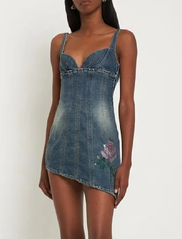 Fashionella Women Rhinestone Rose Pattern Asymmetric Mini Denim Dress Elegant Tulle Mini Dress