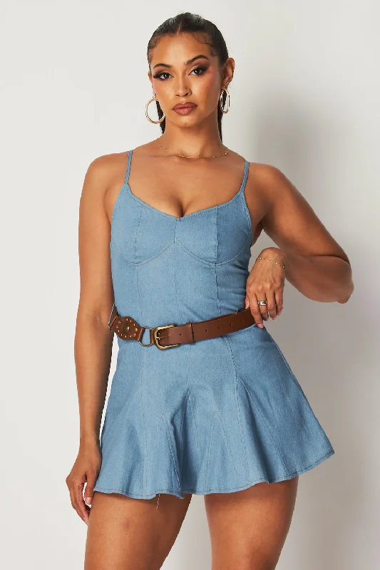 Adler Fit and Flare Belted Mini Skater Denim Dress Elegant Floral-Print Mini Dress