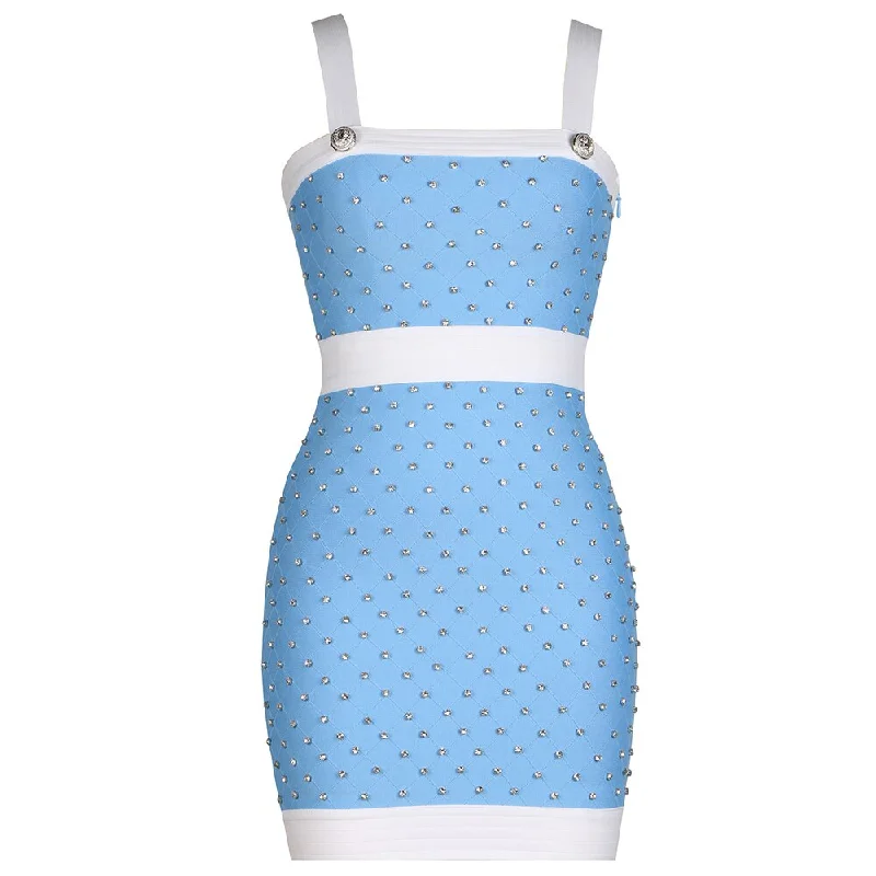 Crystal Studded Spaghetti Strap Mini Bandage Dress Elegant Satin Lace Mini Dress
