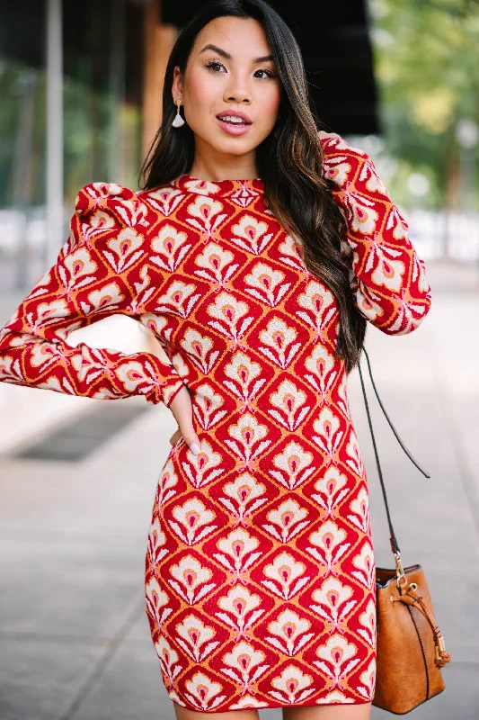 Just Imagine Berry Red Abstract Mini Sweater Dress Cozy Ribbed Mini Dress