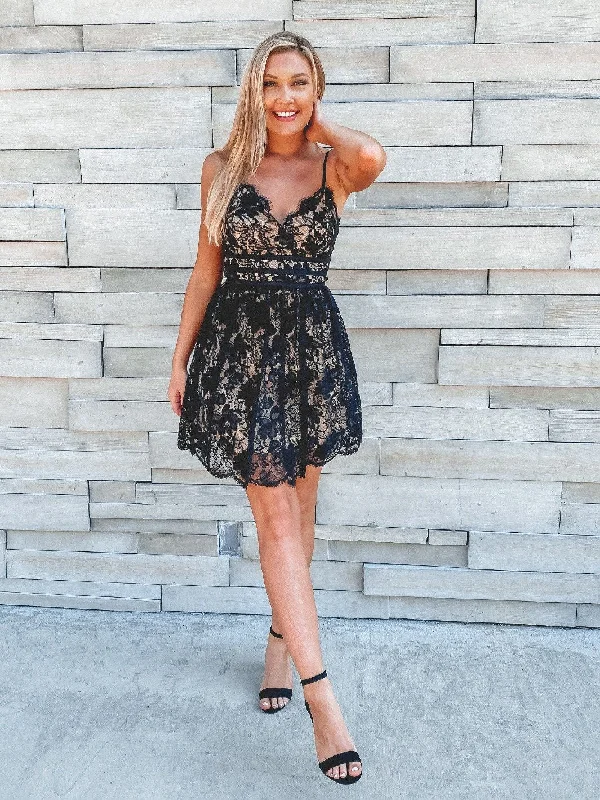 Just Me Mini Lace Dress - Black Stylish Sweetheart Neck Mini Dress