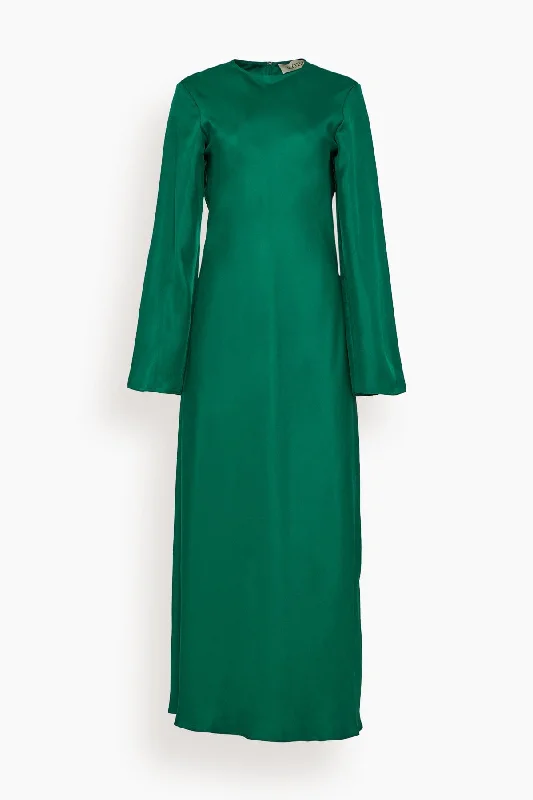 Minimal Wide Sleeved Silk Dress in Emerald Chic Mini Dress with V-Neck