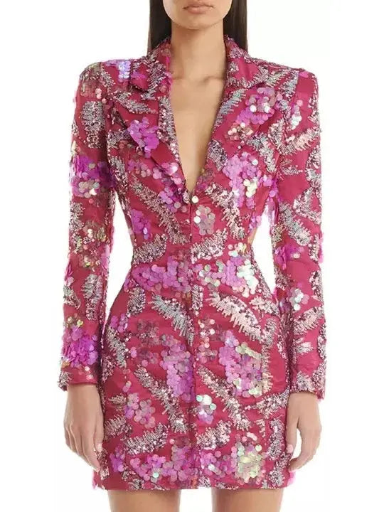 Sequin-Embellished Backless Mini Blazer Dress Casual Button-Up Mini Dress